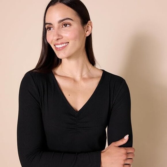 V-Neck Long Sleeve Knit Ribbed Top Pack Of 2 Eggshell White & Black Size 4X - Picture 6 of 13